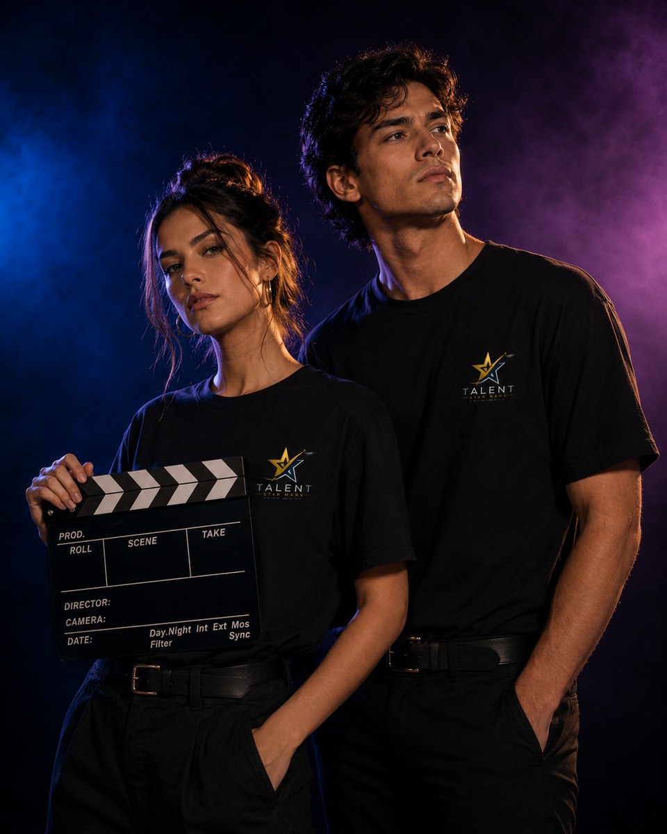 Actriz y actor profesionales frente a una claqueta en Talent Star Mark.