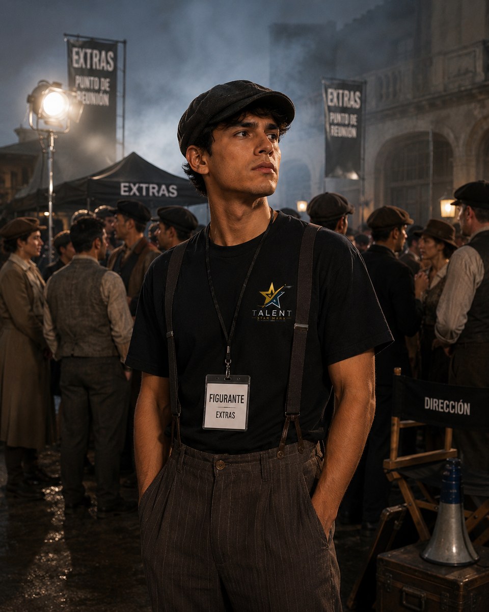 Figurante profesional en una ambientación de producción cinematográfica de Talent Star Mark.
